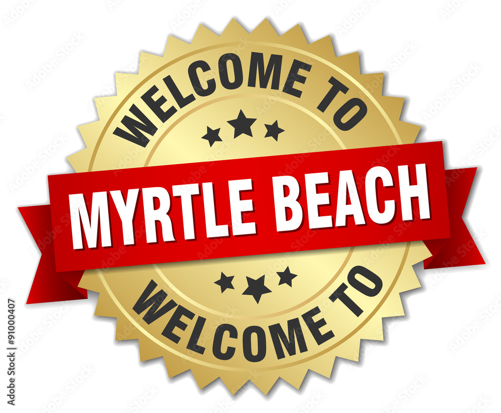 Myrtle Beach 3d gold badge with red ribbon Myrtle Beach 3d gold badge with red ribbon