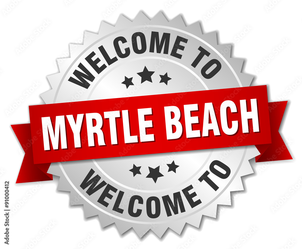 Myrtle Beach 3d silver badge with red ribbon