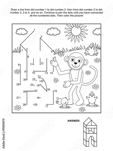 Connect the dots picture puzzle and coloring page - monkey the builder. Answer included.
