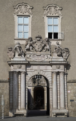 Elegant passage with coat-of-arms and windows in the Domquartier, Salzburg, Austria
 photo