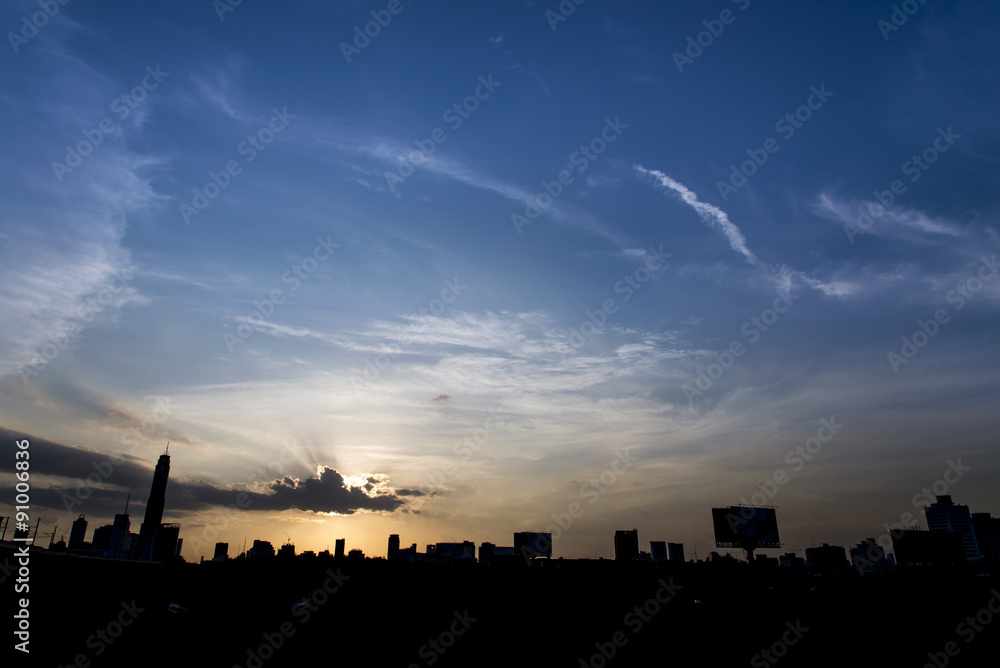 silhouette of bangkok city landscape in lighting beam sunset silhouette of bangkok city landscape in lighting beam sunset
