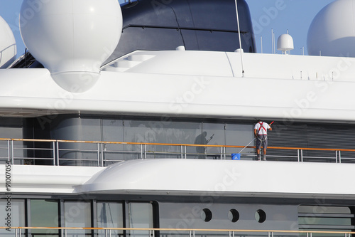 Fototapeta Naklejka Na Ścianę i Meble -  Luxury yacht being cleaned