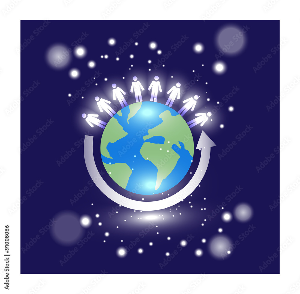 Fototapeta premium Vector image of globe with people on top and an arrow circling in an illuminated setting surrounded by stars or bright lights