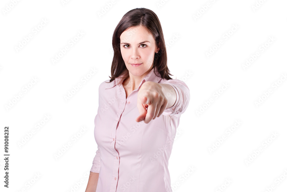 Confident business woman pointing to the camera - isolated. Confident business woman pointing to the camera - isolated.