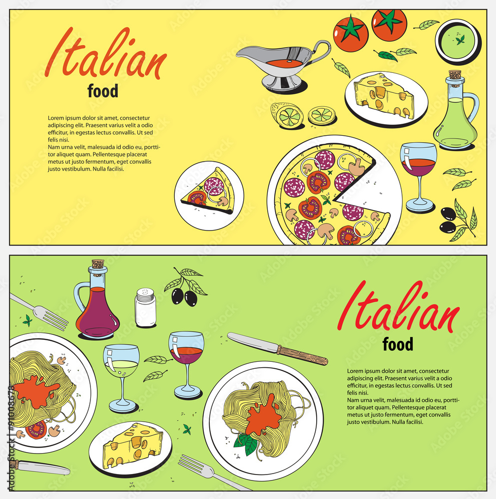 Vector cooking banner template with hand drawn objects on italian food theme: pizza, pasta, tomato, olive oil, olives, cheese, lemon, sauce. Ethnic cuisine concept. Italian cuisine hand drawn objects Vector cooking banner template with hand drawn objects on italian food theme: pizza, pasta, tomato, olive oil, olives, cheese, lemon, sauce. Ethnic cuisine concept. Italian cuisine hand drawn objects