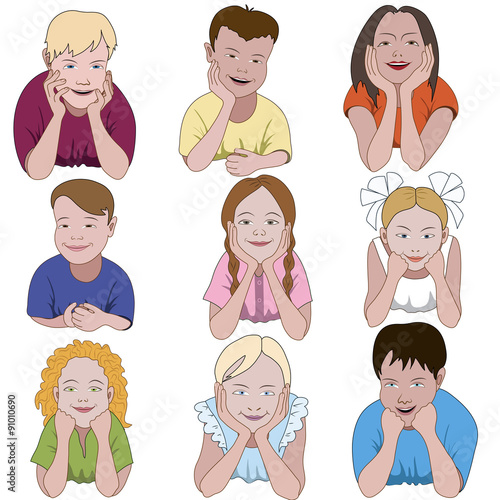 Set of nine young children leaning on they elbows