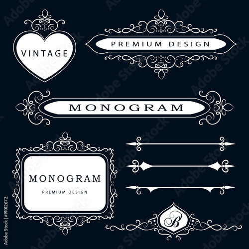 Monogram design elements and page decoration - vector set, graceful template. Calligraphic elegant line art logo design. Wedding vintage. Vector illustration