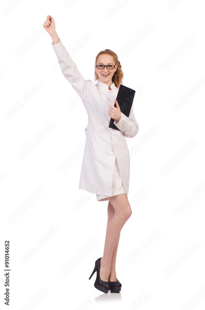 Pretty female doctor holding diary isolated on white Pretty female doctor holding diary isolated on white