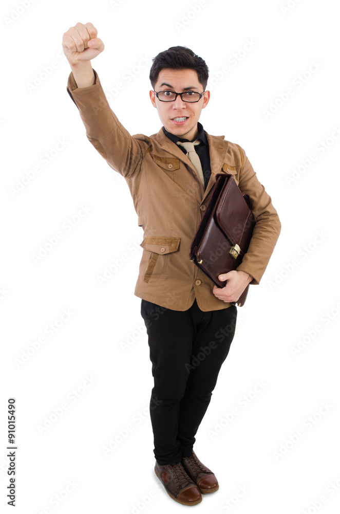 Young man with brown briefcase isolated on white Young man with brown briefcase isolated on white