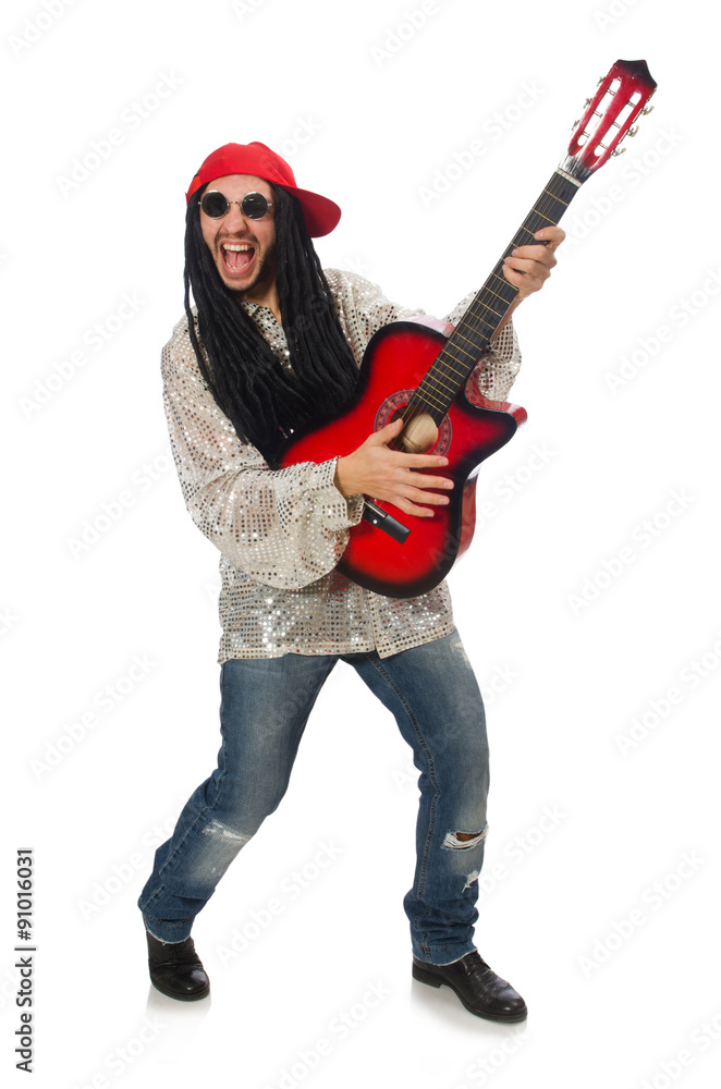 Male musician with guitar isolated on white Male musician with guitar isolated on white