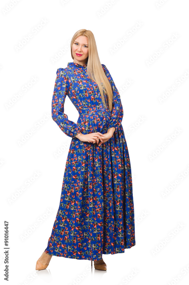 Young woman in blue floral dress isolated on white Young woman in blue floral dress isolated on white