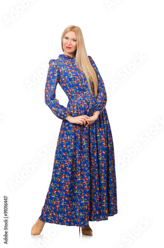 Young woman in blue floral dress isolated on white