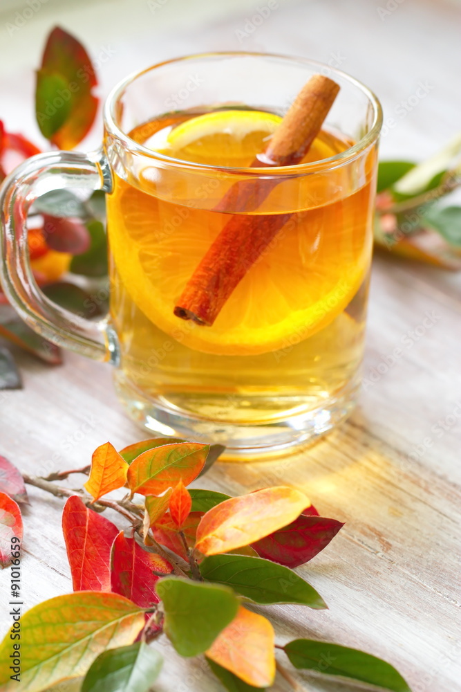 Hot drink with apple juice, lemon and cinnamon in autumn Hot drink with apple juice, lemon and cinnamon in autumn