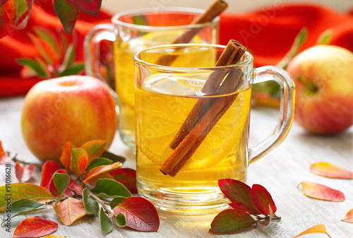 Hot drink with apple juice, lemon and cinnamon in autumn photo