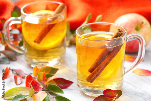 Hot drink with apple juice, lemon and cinnamon in autumn