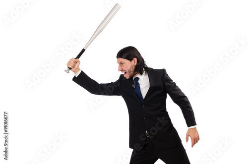 Young elegant man holding bat isolated on white