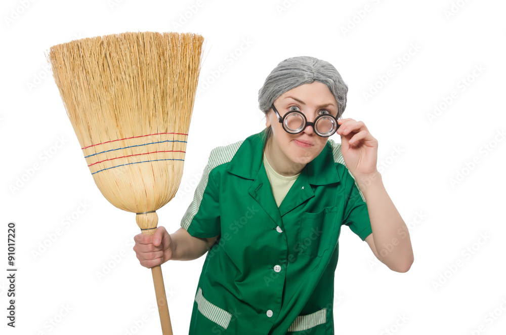Woman with sweeping brush isolated on white Woman with sweeping brush isolated on white