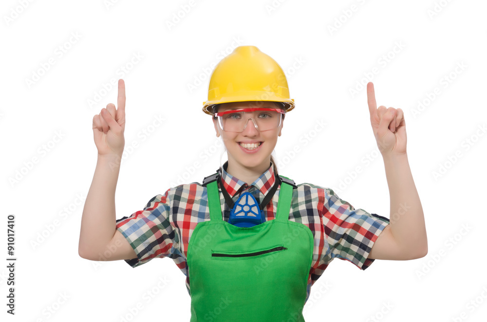 Female worker wearing coverall isolated on white Female worker wearing coverall isolated on white