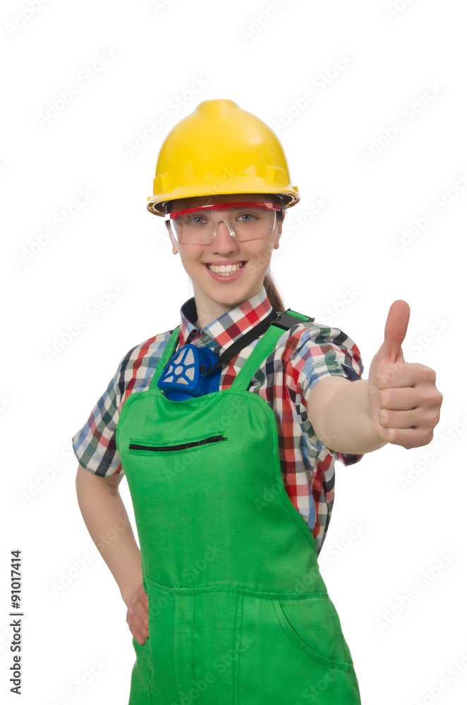 Female worker wearing coverall isolated on white Female worker wearing coverall isolated on white