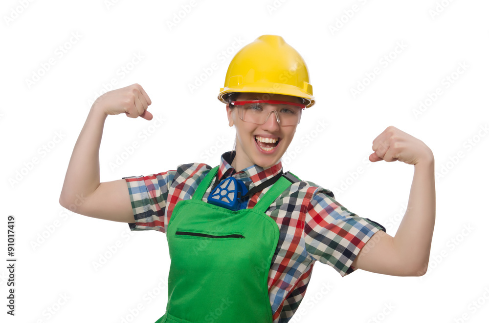 Female worker wearing coverall isolated on white