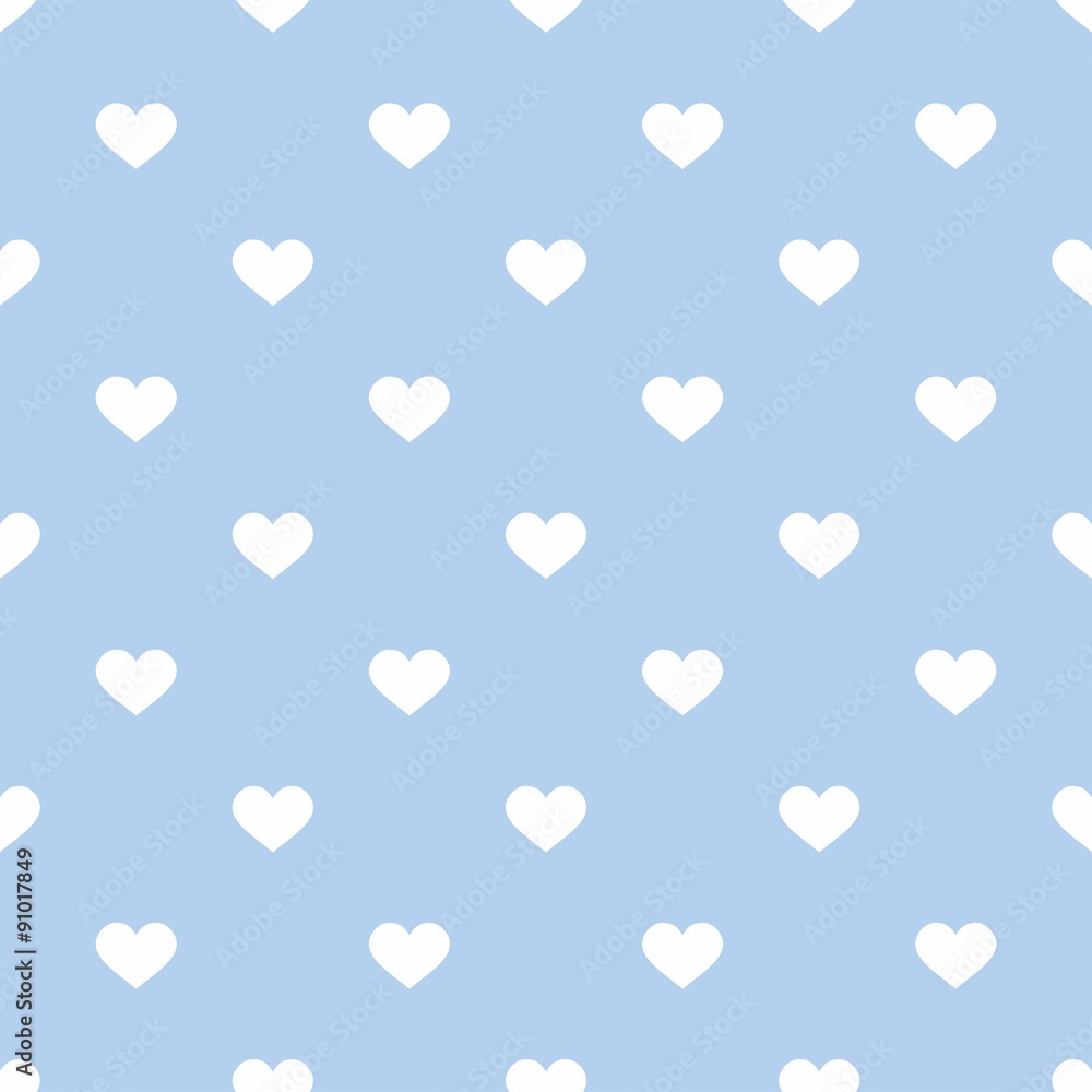 Tile cute vector pattern with hand drawn white hearts on blue background
