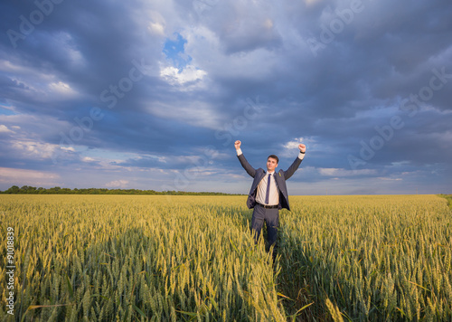 Happy businessman standing on the field 