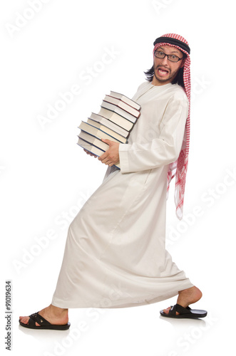 Arab man with books isolated on white