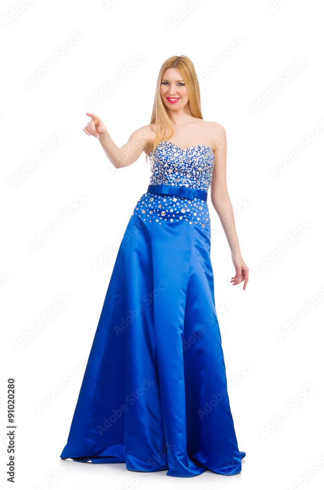 Woman in pretty blue evening dress isolated on white