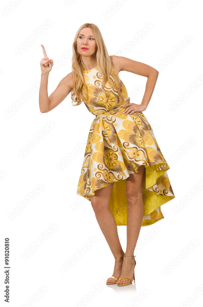 Lady in charming yellow dress isolated on white