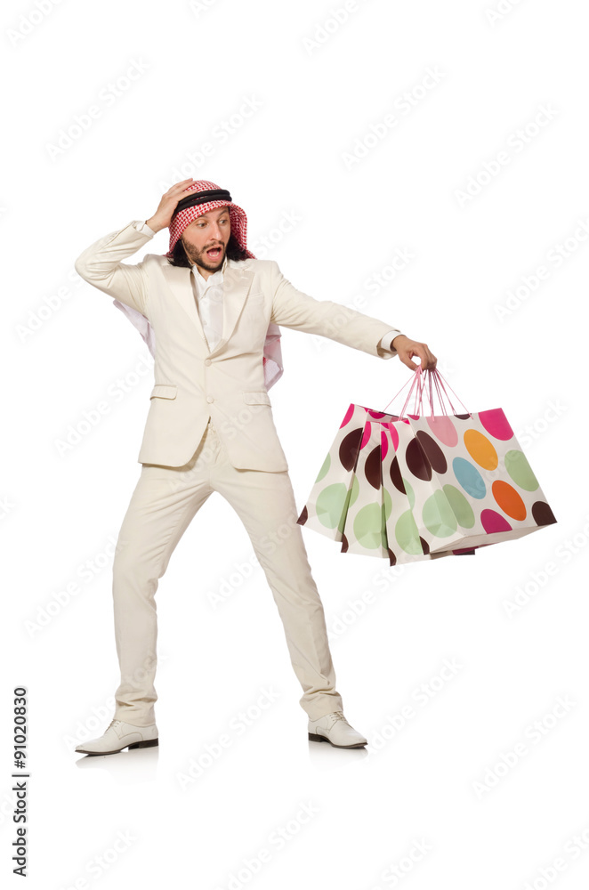 Arab man with shopping bags on white Arab man with shopping bags on white