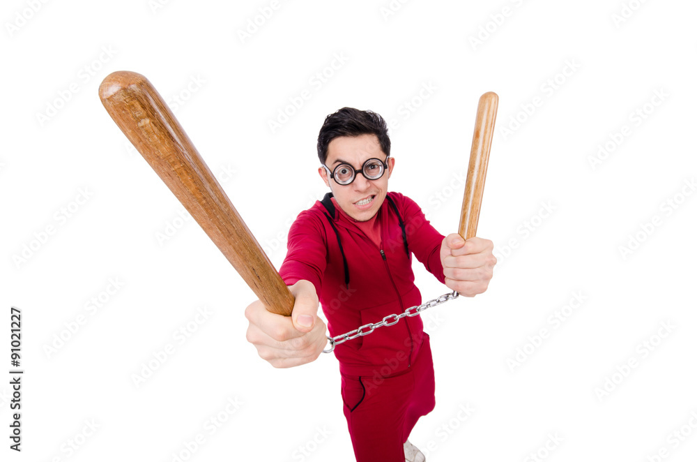 Funny sportsman with nunchuks isolated on white Funny sportsman with nunchuks isolated on white