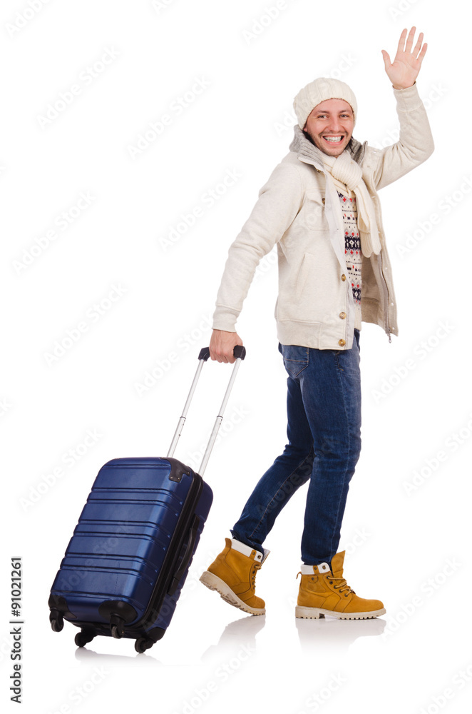 Tourist holding suitcase isolated on white Tourist holding suitcase isolated on white