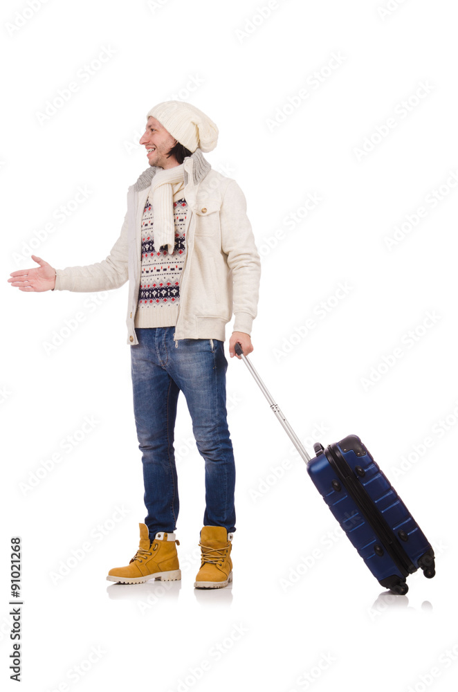 Tourist holding suitcase isolated on white Tourist holding suitcase isolated on white