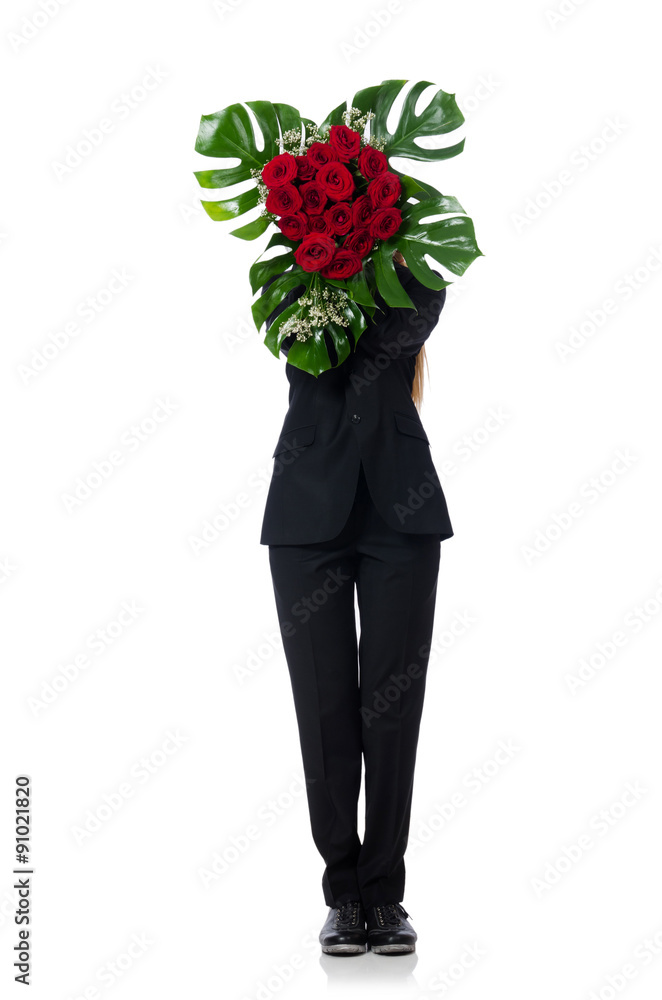 Woman with bunch of roses isolated on white Woman with bunch of roses isolated on white