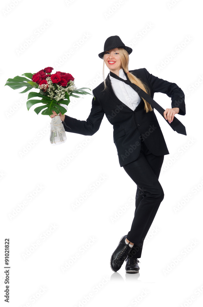 Woman with bunch of roses isolated on white Woman with bunch of roses isolated on white