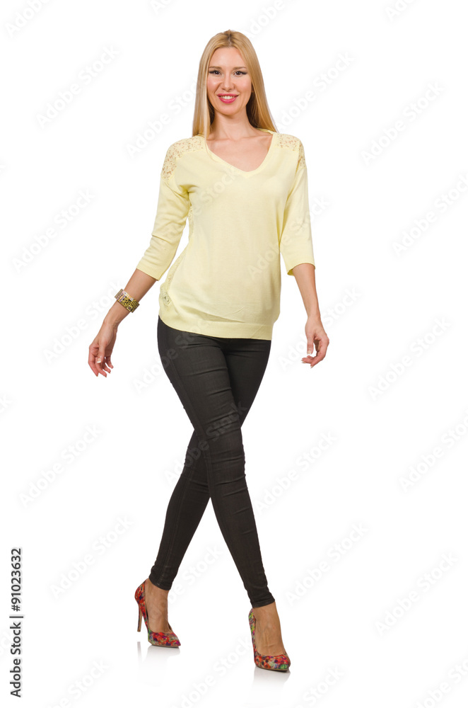 Pretty woman in yellow blouse isolated on white Pretty woman in yellow blouse isolated on white