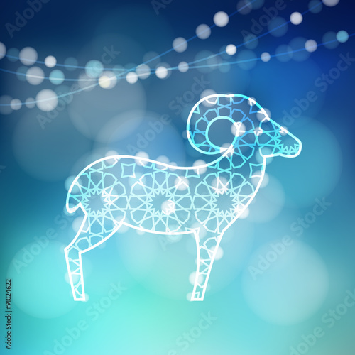Greeting card with silhouette of illuminated ornamental sheep, vector