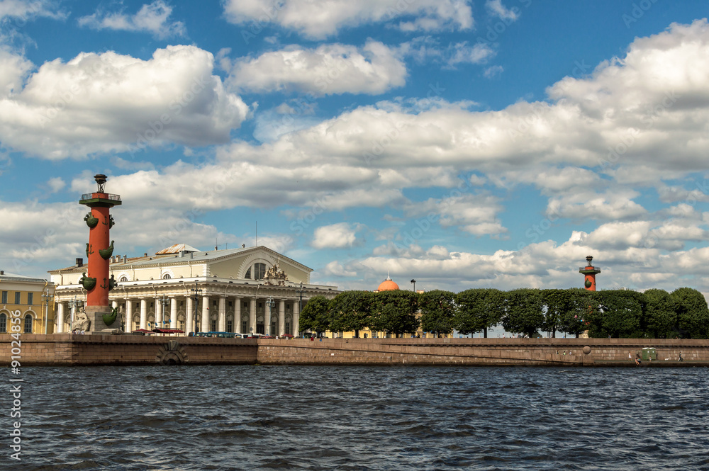 Saint Petersburg, Russia, Arrow Vasilevsky Island, Rostral Columns, old Exchange building. View from the Neva River.