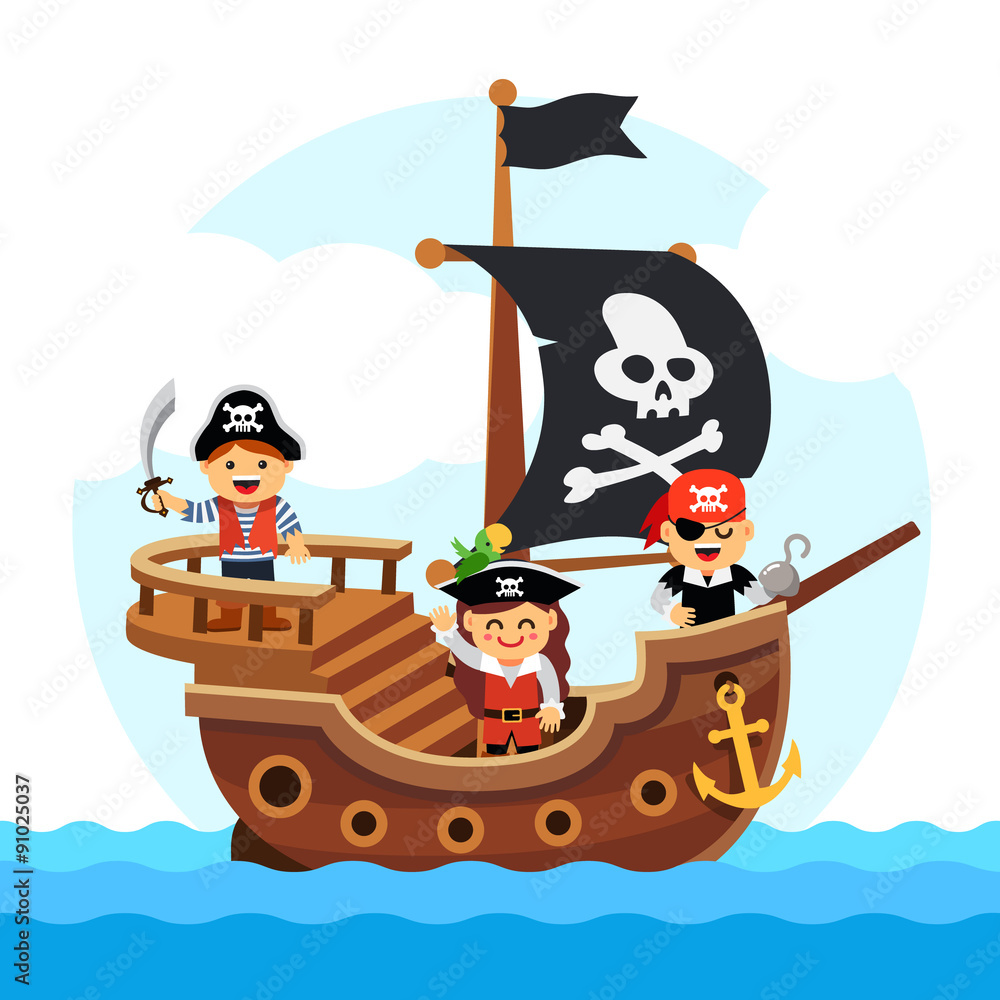 Vettoriale Stock Cartoon kids pirate ship sailing sea | Adobe Stock