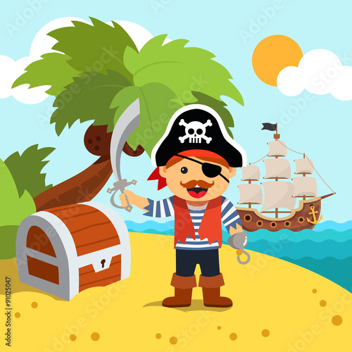 Pirate captain on island shore with treasure chest