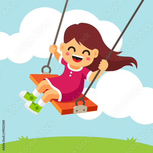 Happy smiling girl kid swinging on a swing
