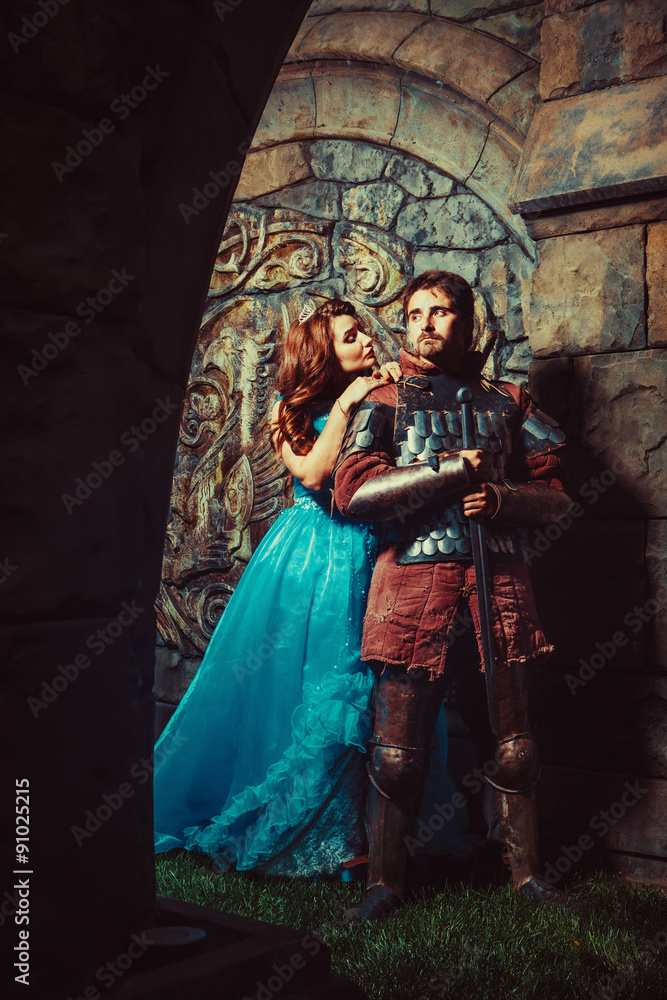 Medieval knight with his beloved lady