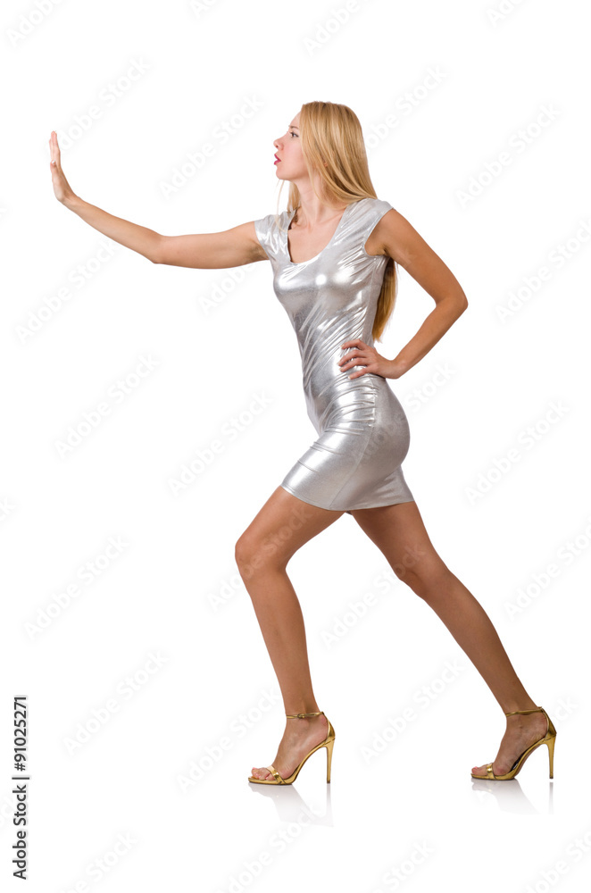 Young woman in silver dress isolated on white Young woman in silver dress isolated on white
