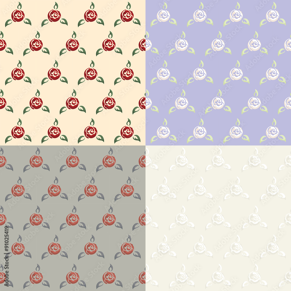 Set of four raster floral seamless pattern with stylized rose fl Set of four raster floral seamless pattern with stylized rose fl