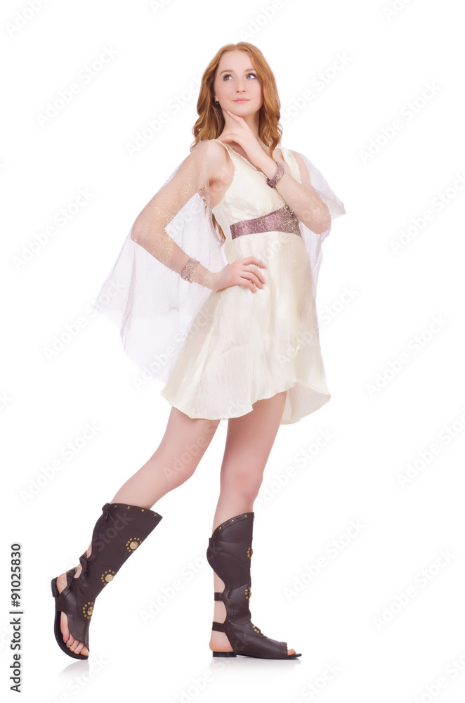 Pretty lady in light charming dress isolated on white Pretty lady in light charming dress isolated on white