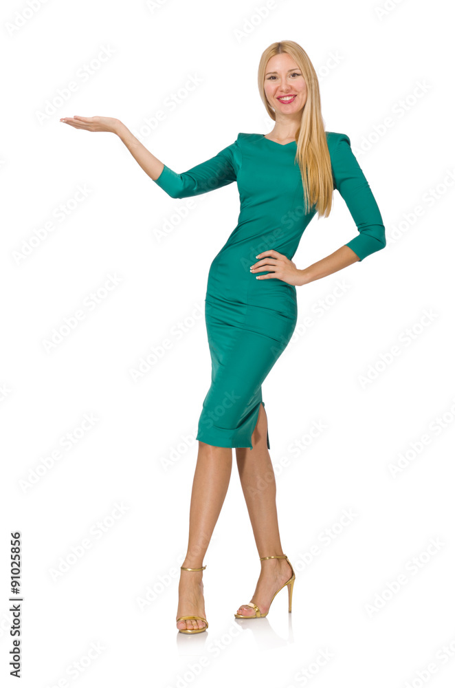 Pretty young woman in green dress isolated on white Pretty young woman in green dress isolated on white