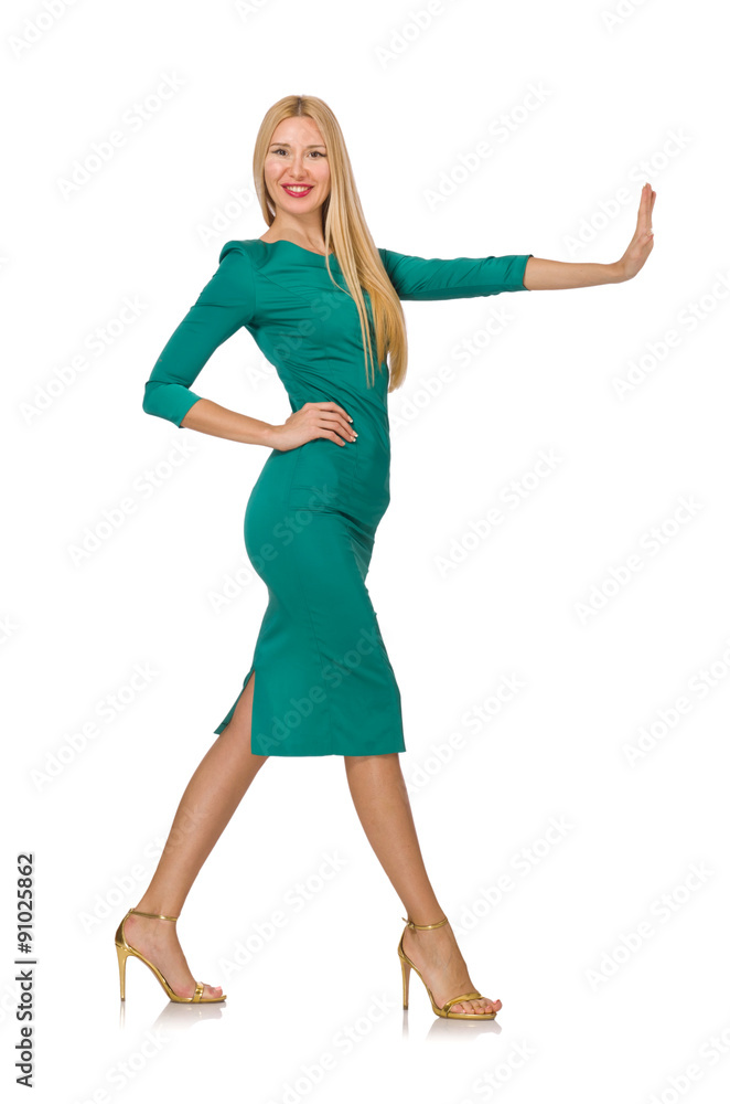 Fototapeta premium Pretty young woman in green dress isolated on white