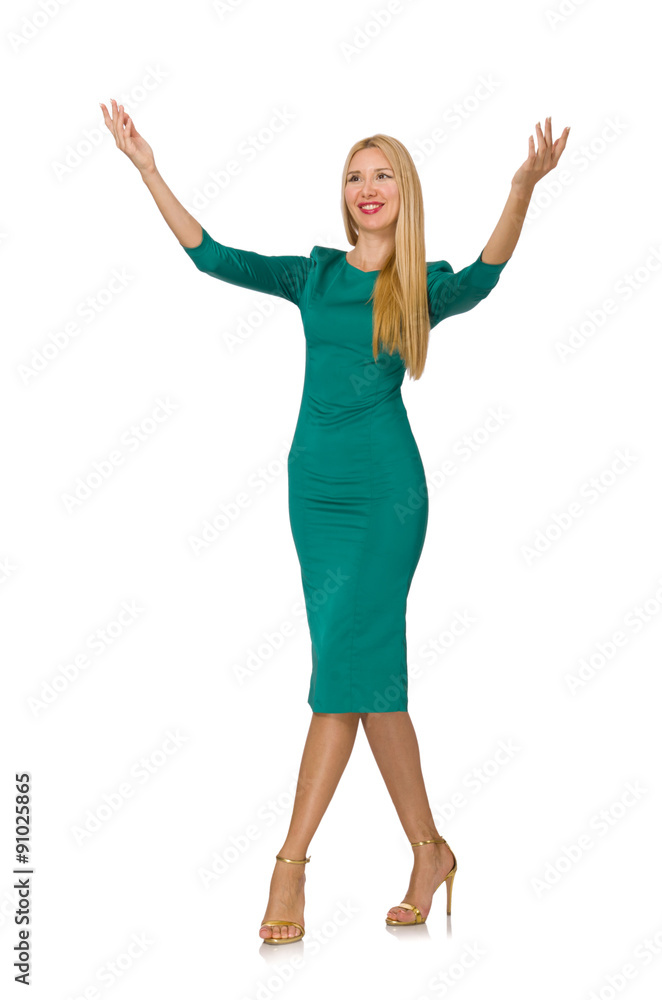 Pretty young woman in green dress isolated on white Pretty young woman in green dress isolated on white