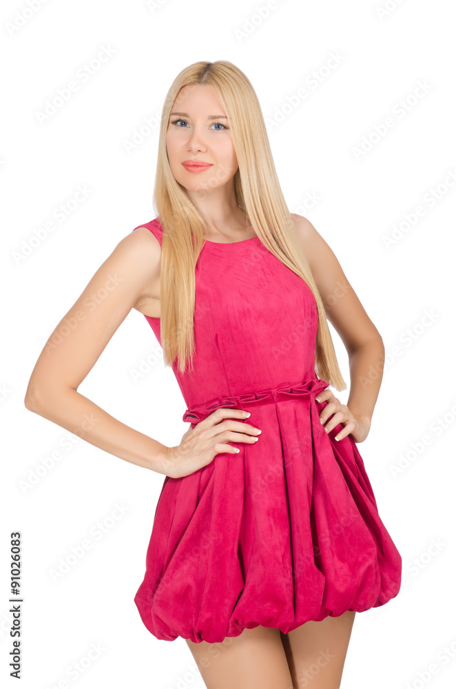 Young woman in pink dress isolated on white