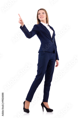 Businesswoman in blue suit isolated on white